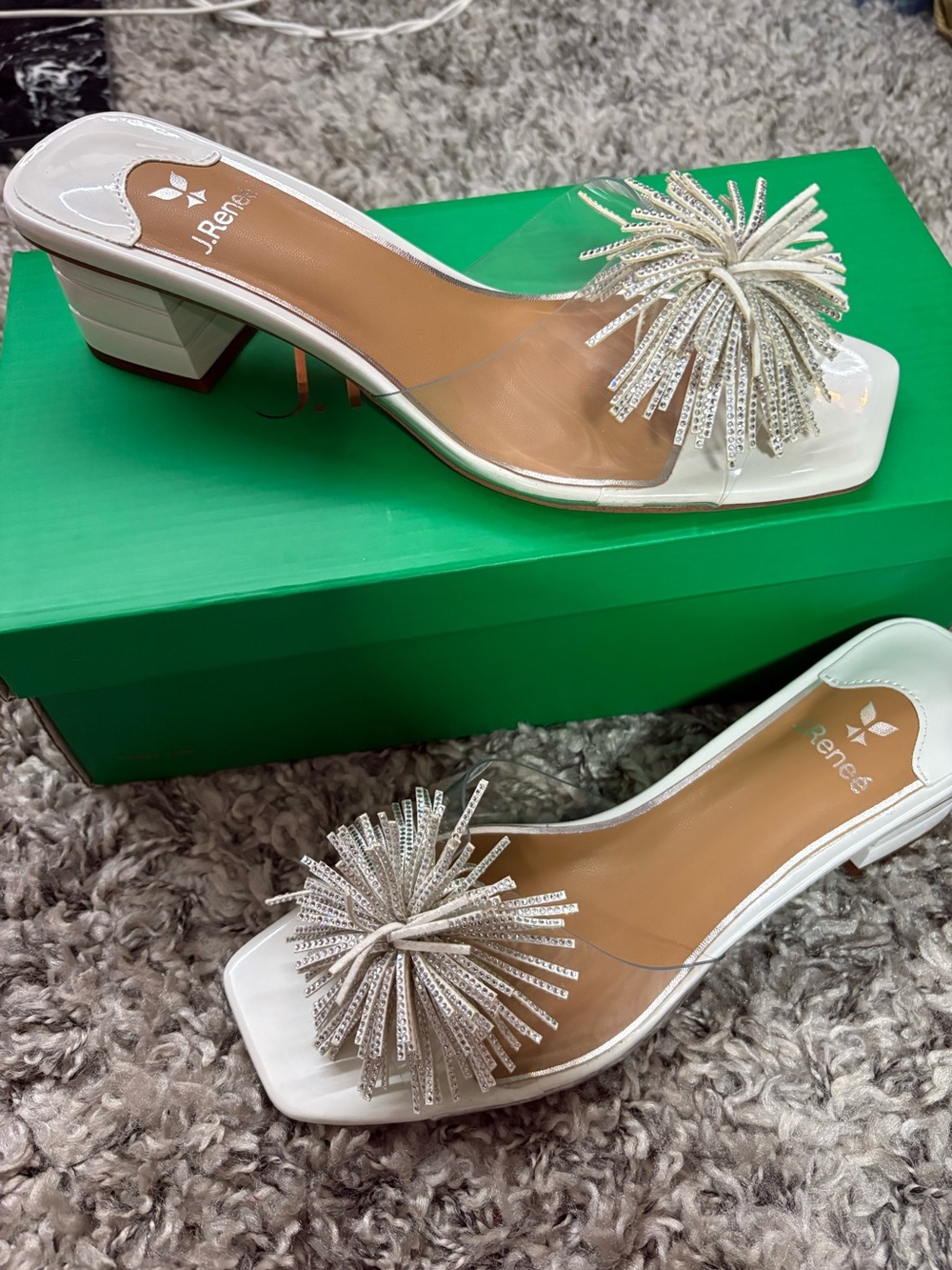 J.Renee White Clear Strap Slide Sandals with Sparkling Pom-Pom